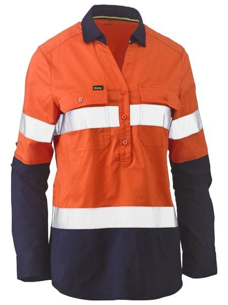 Bisley Polos / Shirts Orange/Navy / 6 Bisley Women's Taped Hi Vis Stretch V-Neck Closed Front Shirt