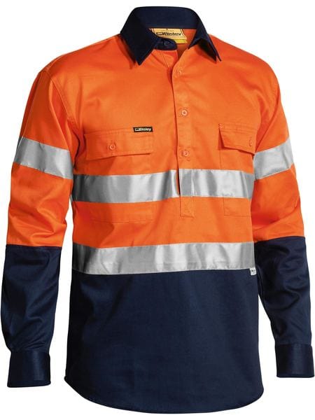 Bisley Polos / Shirts Orange/Navy / S Bisley Taped Hi Vis Closed Front Drill Shirt