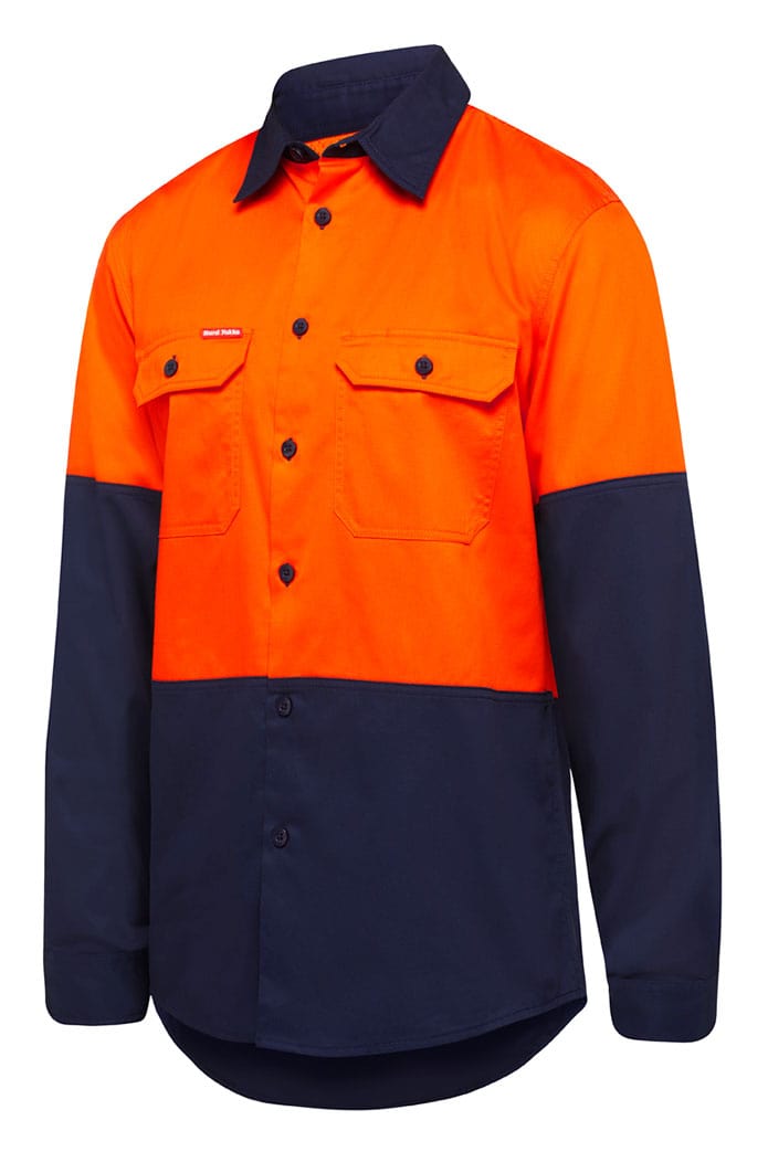 Hard Yakka Polos / Shirts Orange/Navy / S Hard Yakka Basic Shirt 2T 145Gsm Drill Vented Ls
