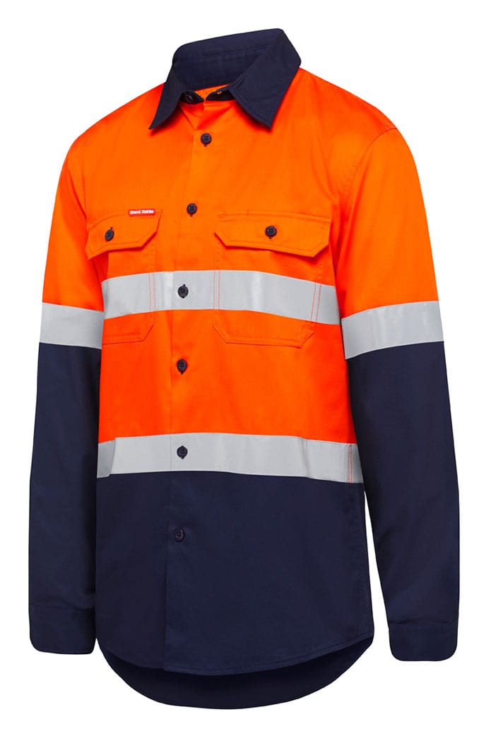 Hard Yakka Polos / Shirts Orange/Navy / S Hard Yakka Basic Shirt 2T 145Gsm Drill Vented With Tape Ls