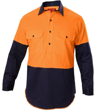 Hard Yakka Polos / Shirts Orange/Navy / S Hard Yakka Hi Vis 2T Ctn Drill Clsd Front Shirt Lng Slve