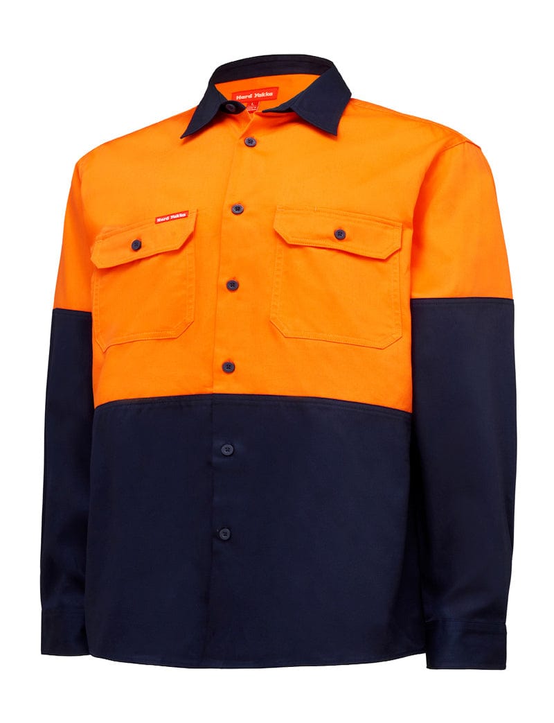 Hard Yakka Polos / Shirts Orange/Navy / S Hard Yakka Hivis L/Slv H/Weight 2 Tone Cotton Drill Shirt