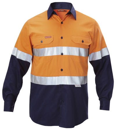 Hard Yakka Polos / Shirts Orange/Navy / S Hard Yakka Mens Hi Vis 2T Cotton Drill Shirt Taped Ls