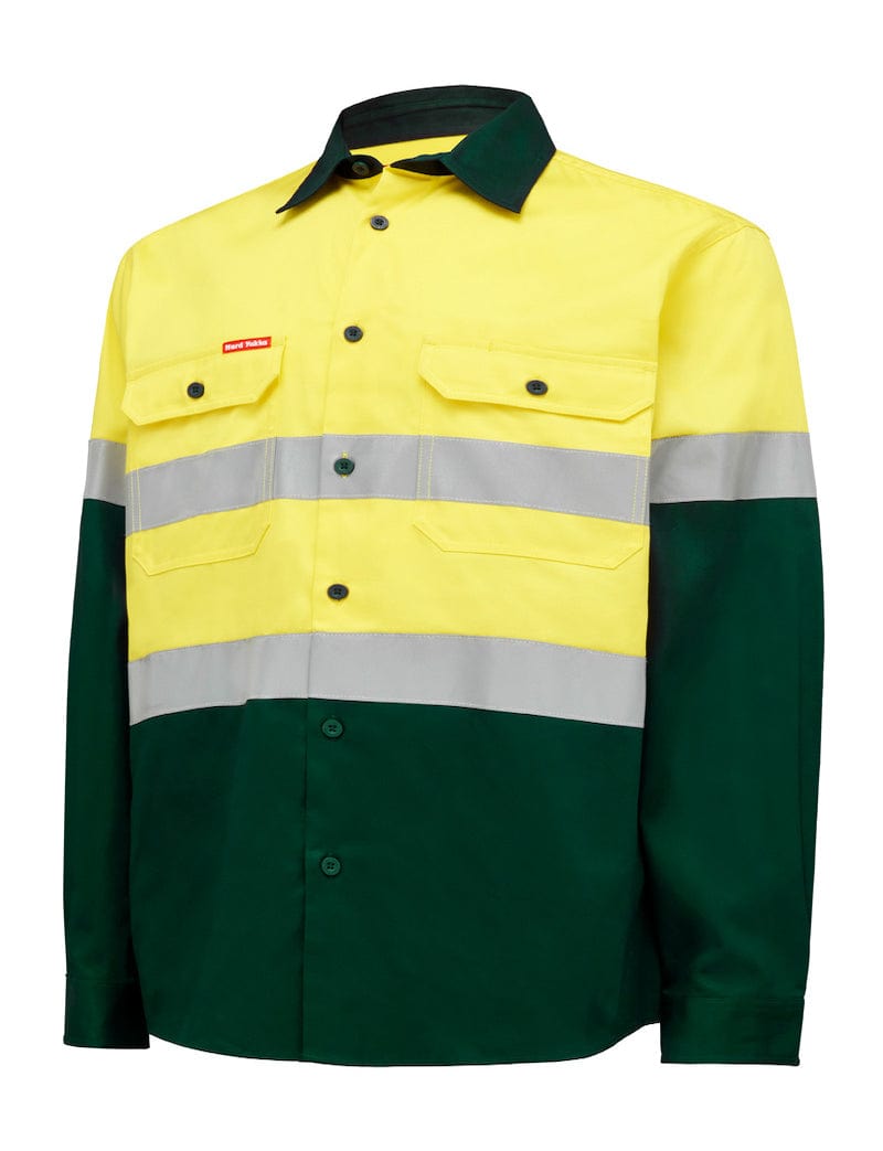 Hard Yakka Polos / Shirts Yellow/Green / S Hard Yakka Hivis L/Slv 2 Tone Cotton Drill Shirt W/Tape