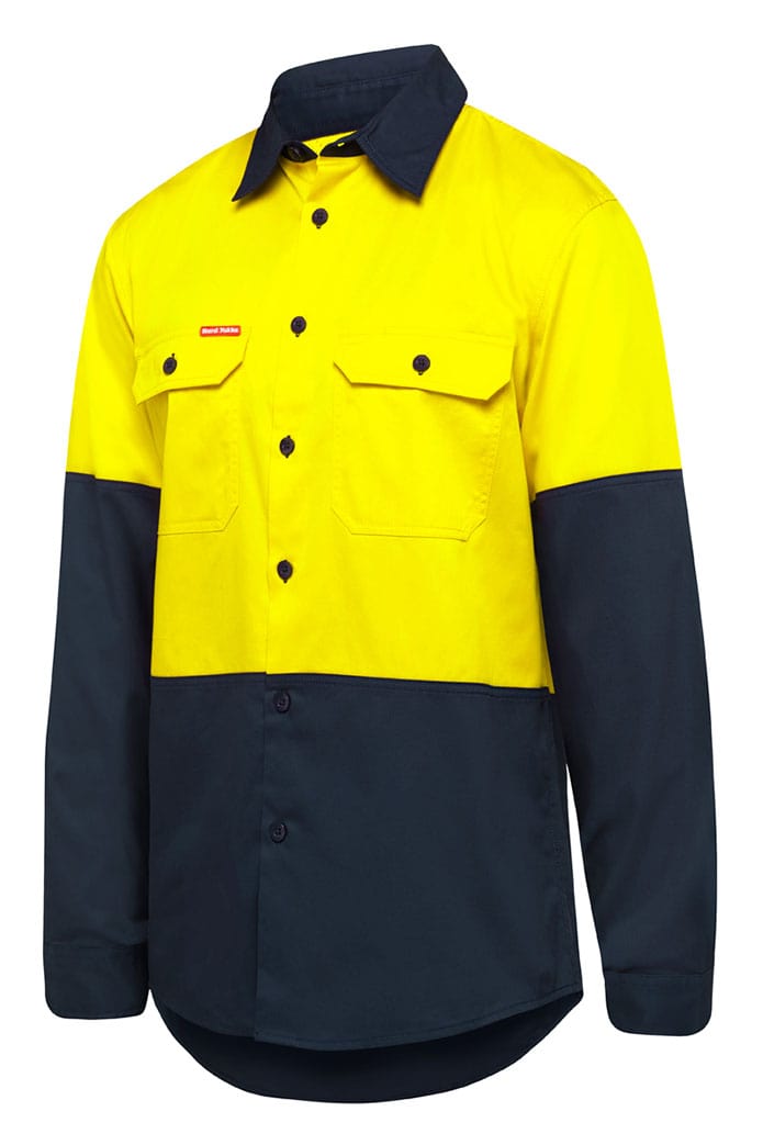 Hard Yakka Polos / Shirts Yellow/Navy / S Hard Yakka Basic Shirt 2T 145Gsm Drill Vented Ls