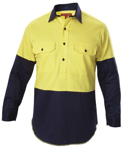Hard Yakka Polos / Shirts Yellow/Navy / S Hard Yakka Hi Vis 2T Ctn Drill Clsd Front Shirt Lng Slve