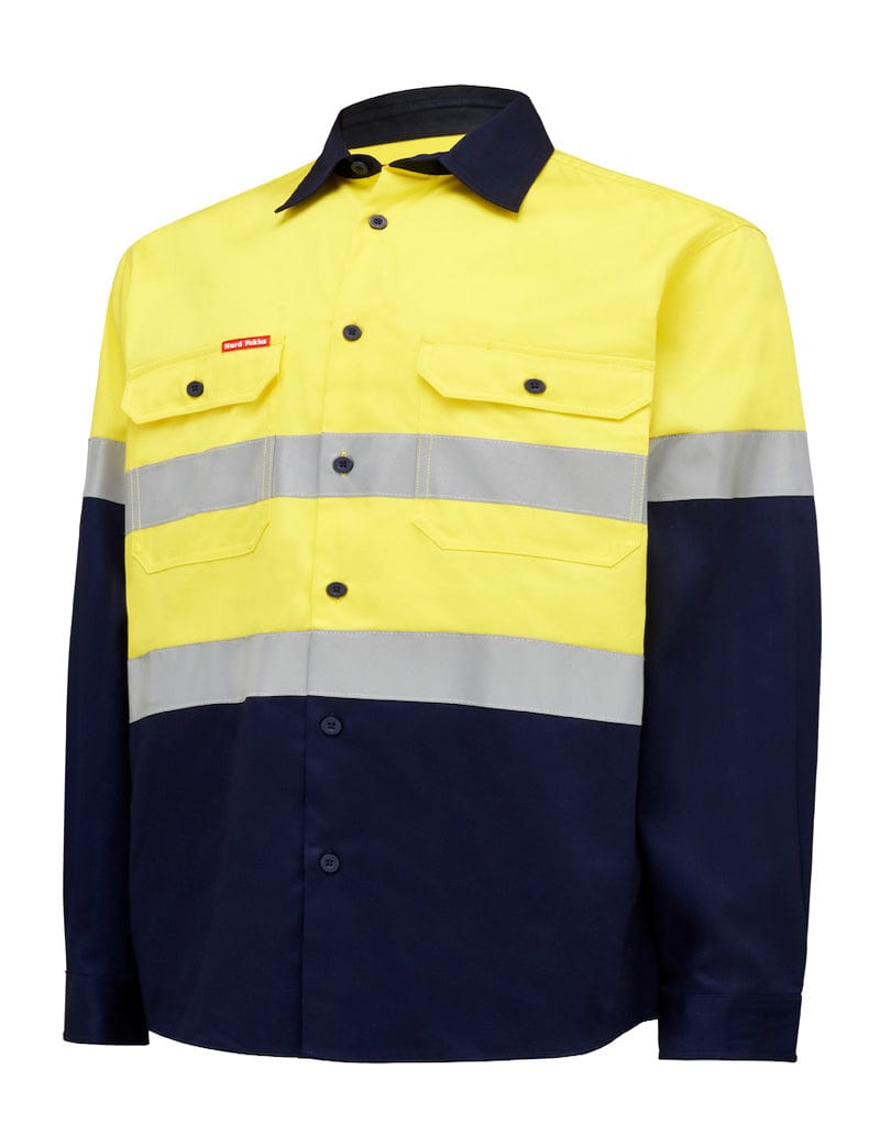 Hard Yakka Polos / Shirts Yellow/Navy / S Hard Yakka Hivis L/Slv 2 Tone Cotton Drill Shirt W/Tape
