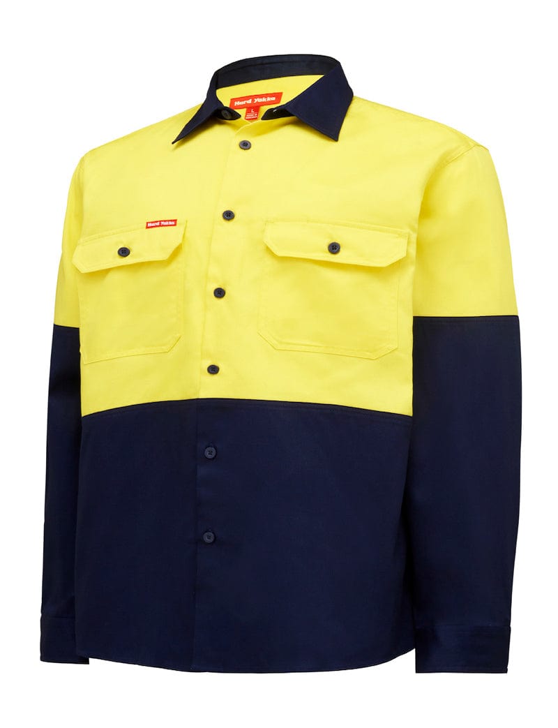 Hard Yakka Polos / Shirts Yellow/Navy / S Hard Yakka Hivis L/Slv H/Weight 2 Tone Cotton Drill Shirt