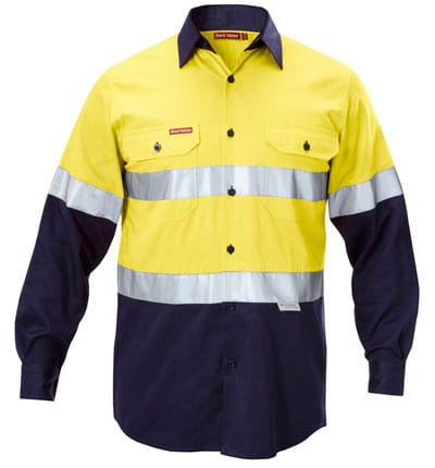 Hard Yakka Polos / Shirts Yellow/Navy / S Hard Yakka Mens Hi Vis 2T Cotton Drill Shirt Taped Ls