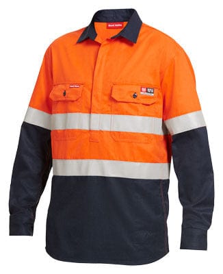 King Gee Polos / Shirts Orange/Navy / S King Gee Hi-Vis Spliced Closed Front Ls Shirt With Fr Tape