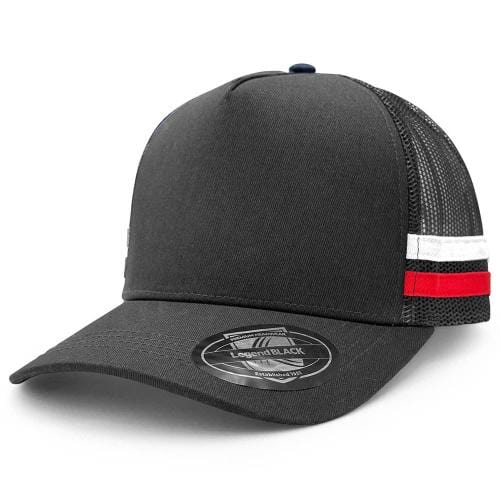 Legend Black Hats Black/Black/White/Red / OSFA Legend Black Striped Trucker