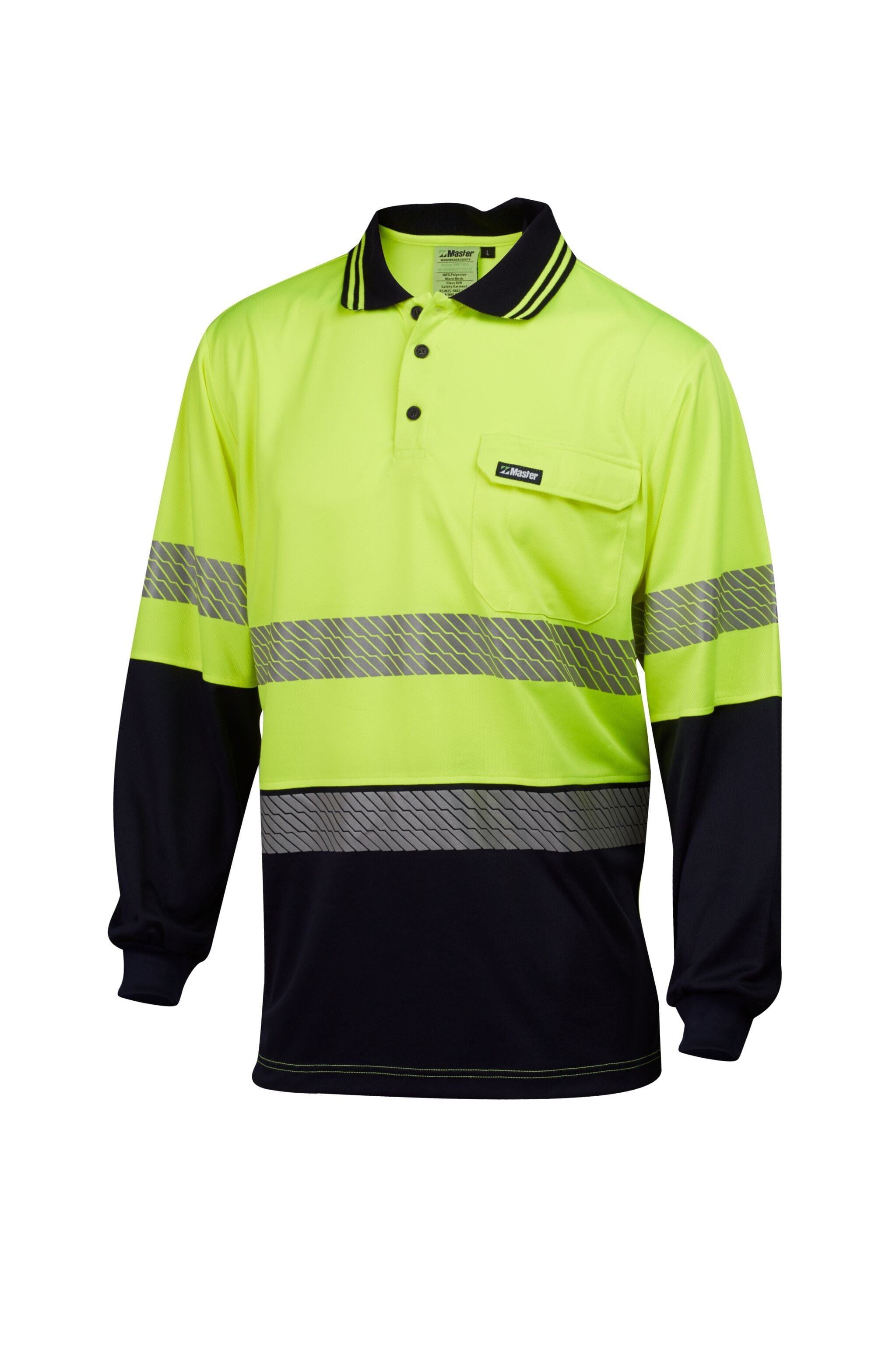 Master Polos / Shirts Master L/Sleeve Polo Hi Vis D/N Segmented Taped 170GSM Micromesh
