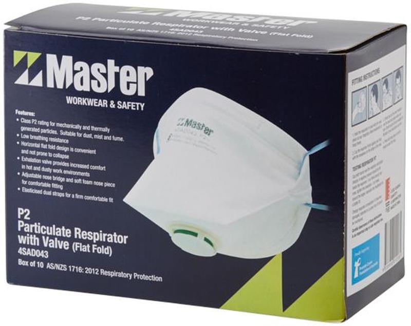 Master Respiratory Protection Master Disposable Respirator P2 Flat Fold w/Valve Suitable for Dust/Mist/Fume 10/Box