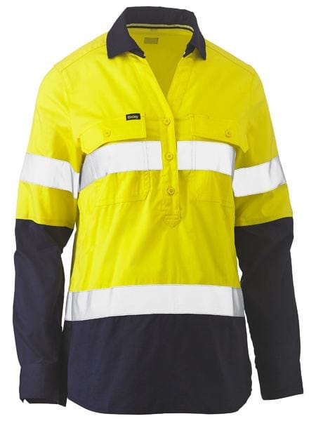 Bisley Polos / Shirts Yellow/Navy / 6 Bisley Women's Taped Hi Vis Stretch V-Neck Closed Front Shirt