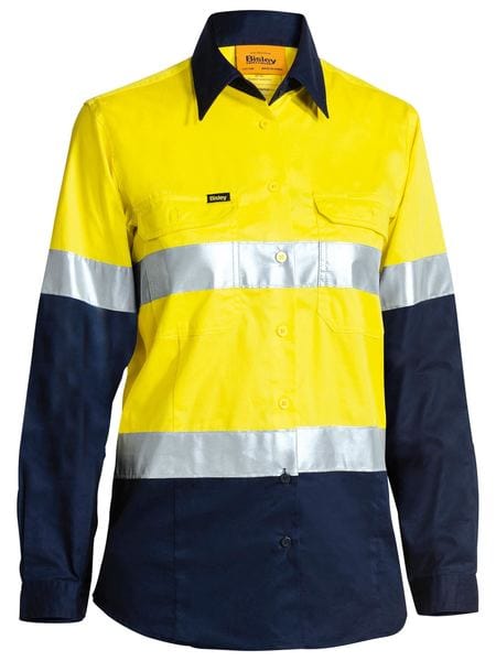 Bisley Polos / Shirts Yellow/Navy / 8 Bisley Women's Taped Hi Vis Cool Lightweight Drill Shirt