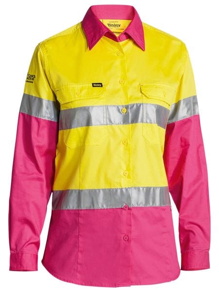 Bisley Polos / Shirts Yellow/Pink / 8 Bisley Women's Taped Hi Vis Cool Lightweight Drill Shirt