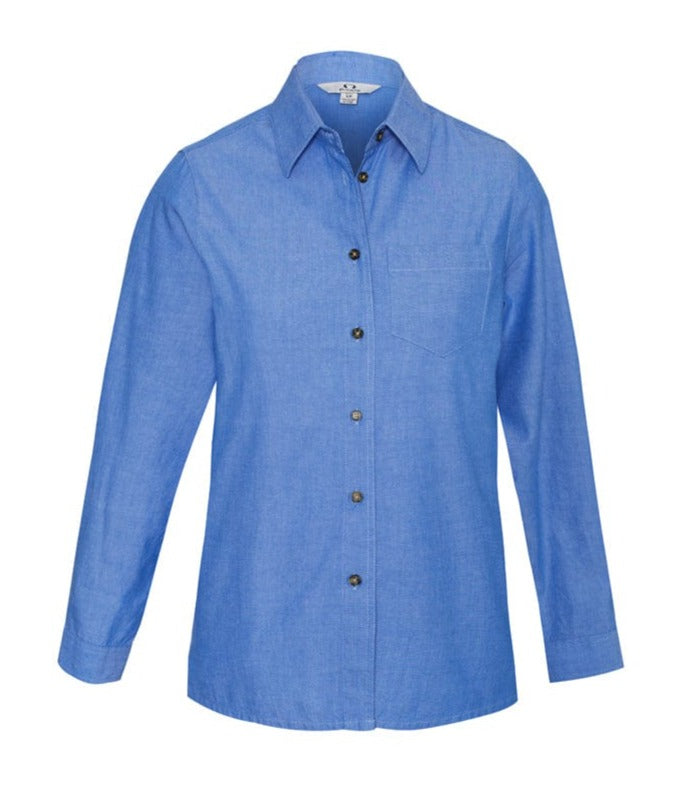 Biz Collection Polos / Shirts Chambray Blue / 8 Biz Collection Ladies Wrinkle Free Chambray Long Sleeve Shirt