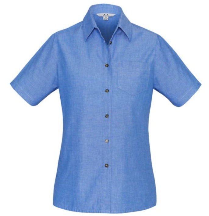 Biz Collection Polos / Shirts Chambray Blue / 8 Biz Collection Ladies Wrinkle Free Chambray Short Sleeve Shirt