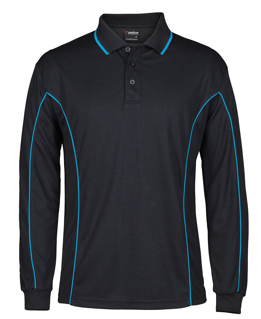 Podium Polos / Shirts Black/Aqua (UPF 30) / 2XS Podium L/S Piping Polo