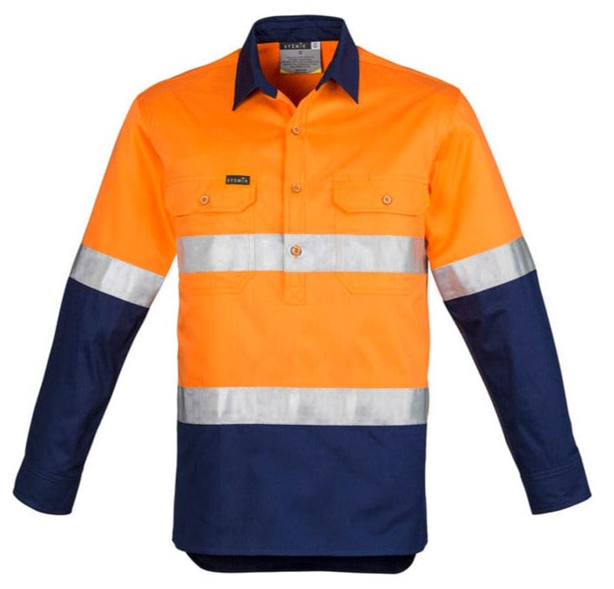 Syzmik Polos / Shirts Orange/Navy / XS Syzmik Men's Hi Vis Closed Front L/S Shirt - Hoop Taped